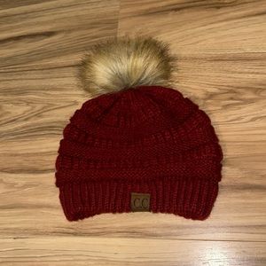 C.C Cable Knit Faux Fuzzy Fur Pom Beanie
